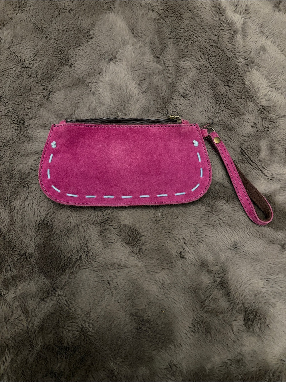 Lucky Brand Hot Pink/Fuchsia Suede Wristlet with Light Blue Stitching